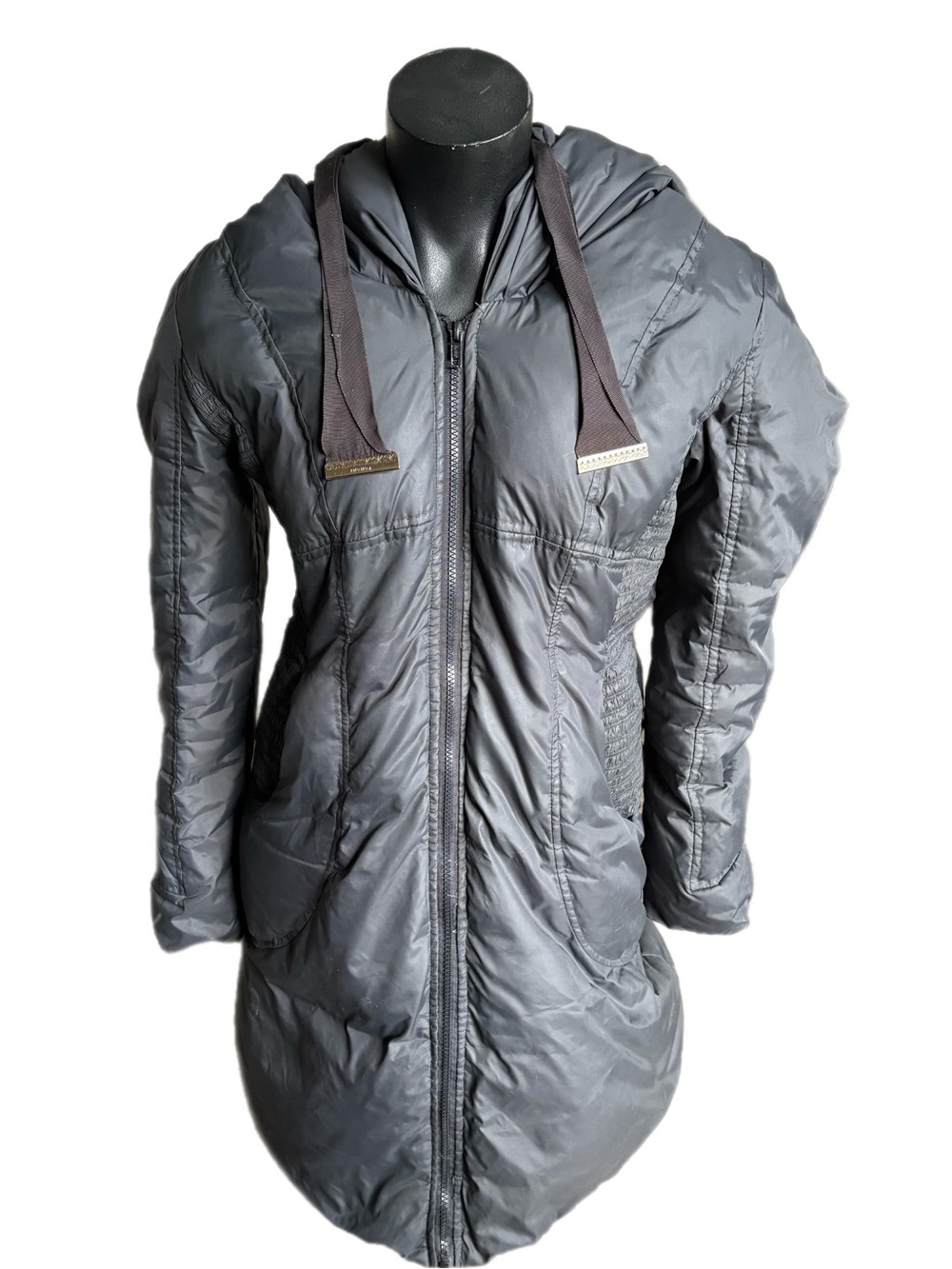 Tahari Hooded Long Quilted Puffer Jacket - Gray- 60% Down